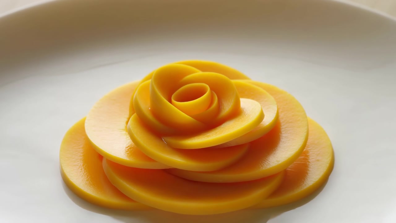 Vista ravvicinata che si allarga gradualmente attorno a una rosa di mango accuratamente stratificata su un piatto chiaro, mostrando fette curve e sovrapposte, superfici lisce e umide, ombre morbide e uno sfondo neutro e semplice