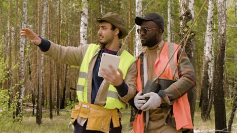 caucasian and african american men activists watching something in a tablet and deciding where to plant the trees