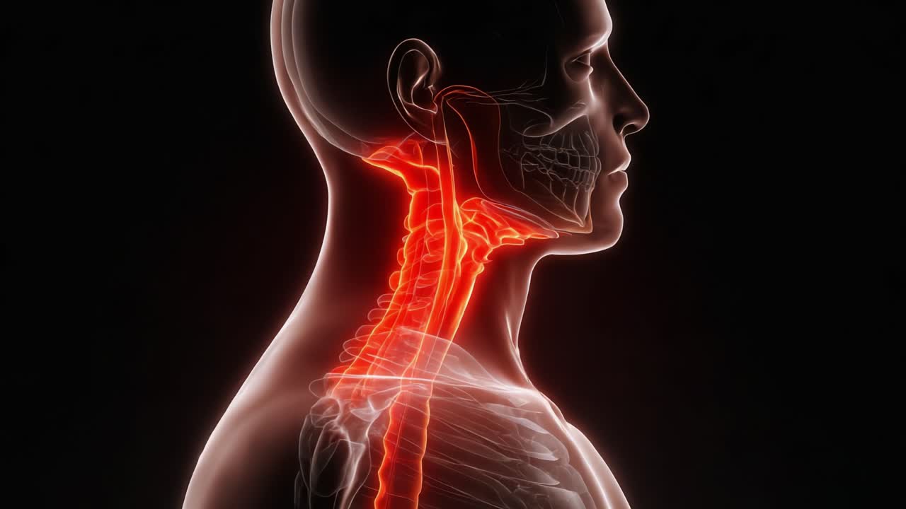 Rappresentazione anatomica del collo umano: una visione dettagliata dell'anatomia cervicale, evidenziando strutture come muscoli, ossa e nervi con enfasi visiva sulla colonna vertebrale e sulla gola.