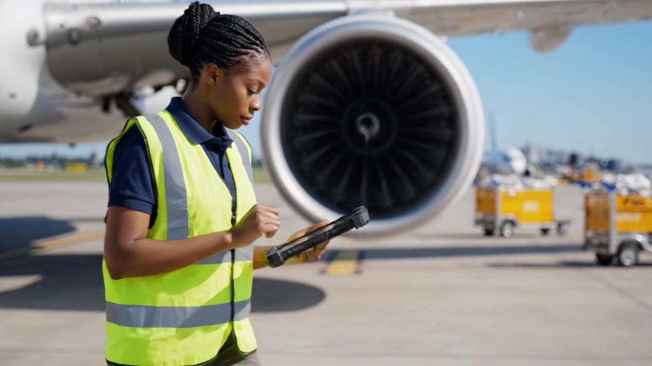 Un'addetta al personale di terra dell'aeroporto utilizza un tablet per monitorare le operazioni, dimostrando efficienza e professionalità in un vivace ambiente aeronautico.
