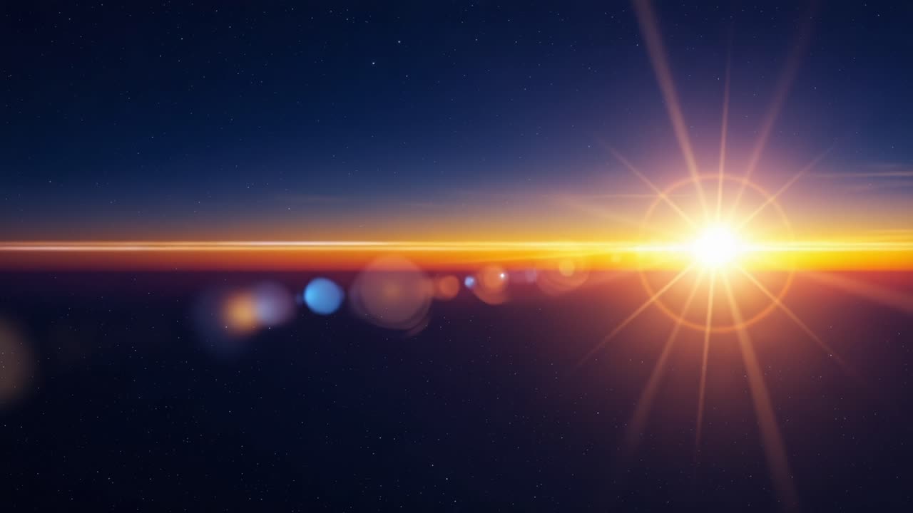 En fantastisk overgang fra nat til dag: Fængslende solopgang over horisonten med strålende lys og kosmisk baggrund