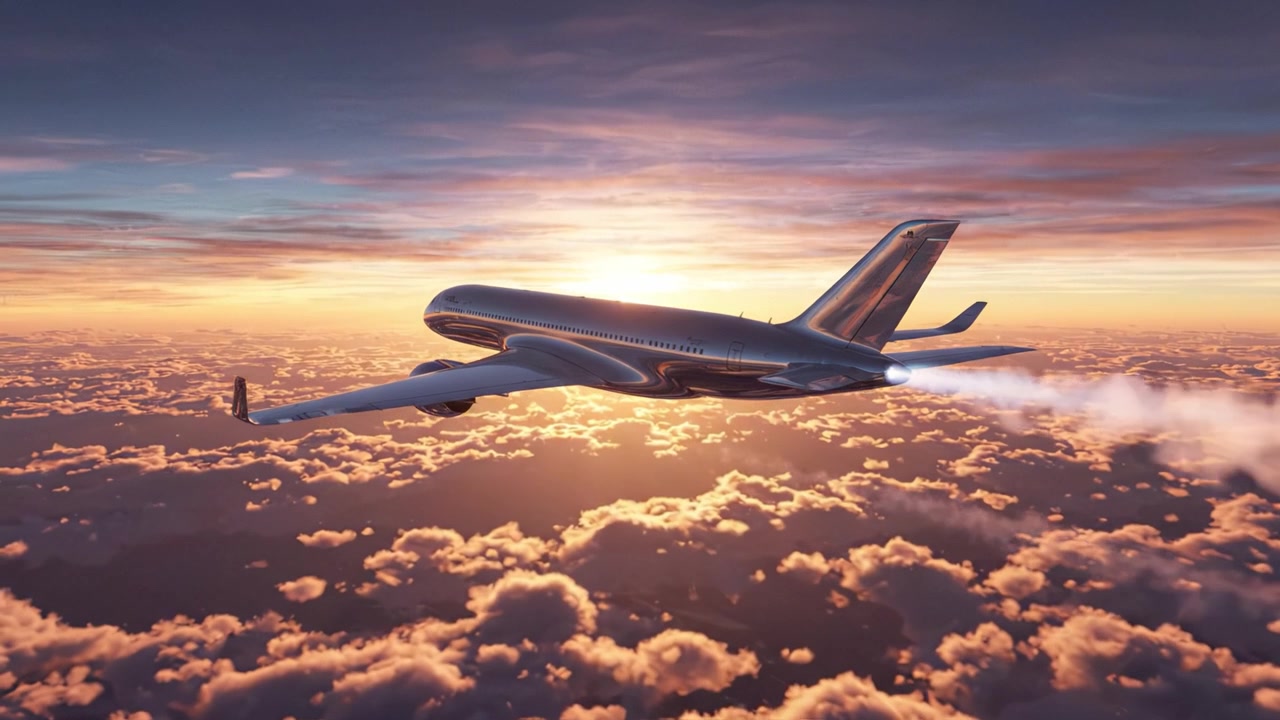 Um Avião Majestoso Planando Acima de Nuvens Coloridas ao Pôr do Sol, Capturando a Serenidade e a Beleza do Voo em uma Perspectiva Tranquila Contra um Céu Vibrante.