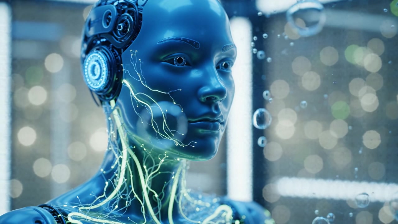 Robot umanoide blu futuristico con percorsi neurali luminosi e bolle, che mostra intelligenza artificiale avanzata e tecnologia intricata in un'ambientazione visivamente accattivante