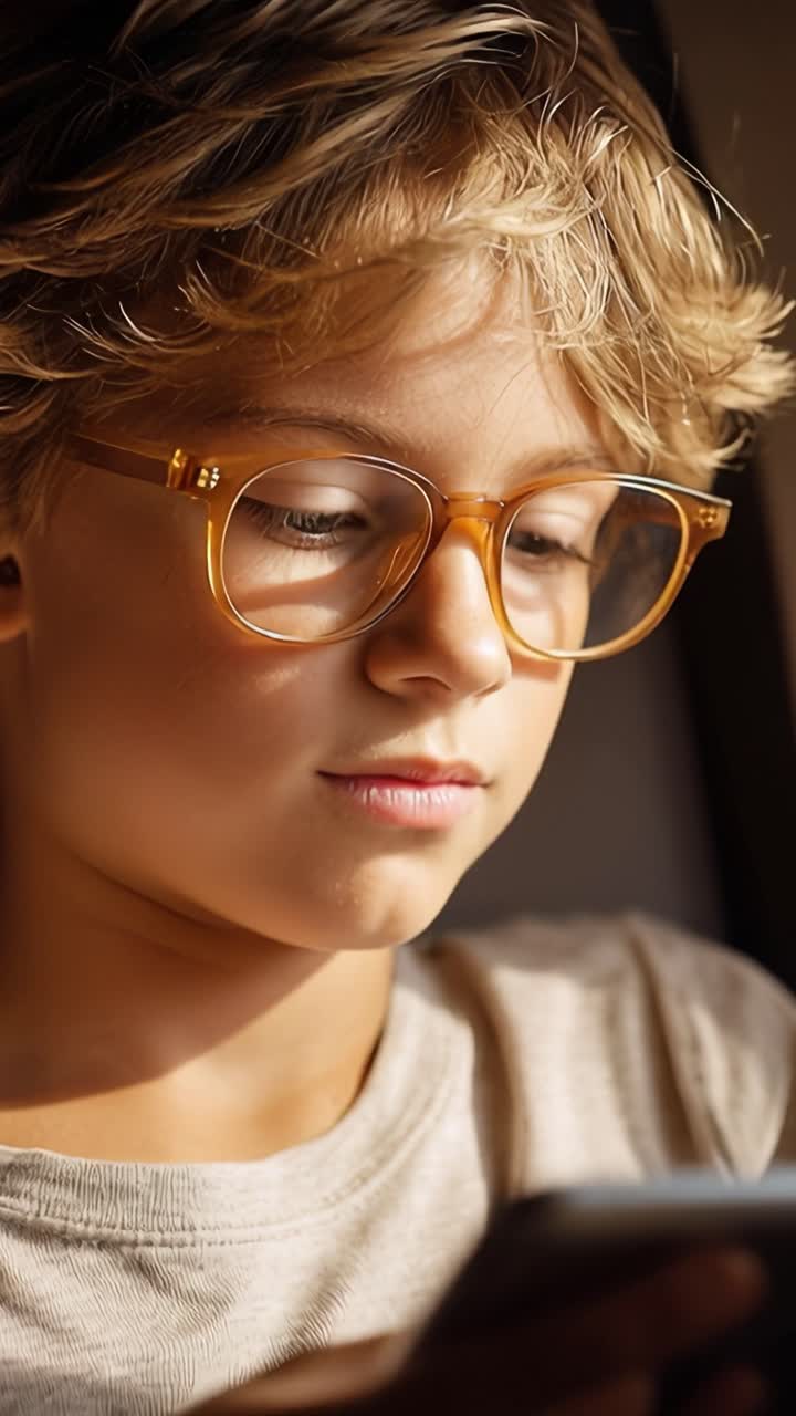 Criança de óculos olha para o tablet. A luz suave ilumina seu cabelo ondulado. Expressão focada, calma e pensativa. A luz natural do dia ilumina seu perfil. Ideal para temas de educação, tecnologia ou infância.