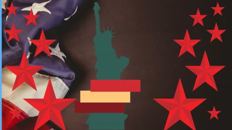 animación de la estatua verde de la libertad con espacio de copia sobre estrellas rojas y bandera estadounidense
