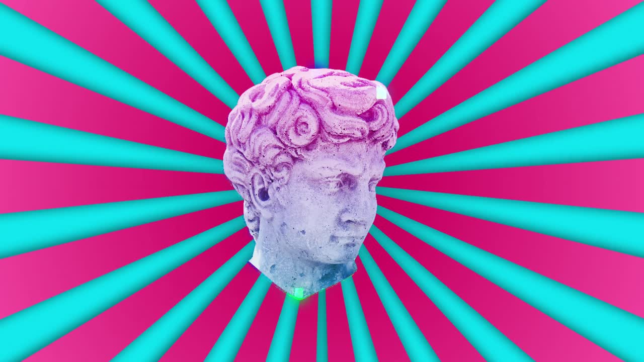 animación de esculturas de cabezas pixeladas en rayas azules sobre un fondo rosa