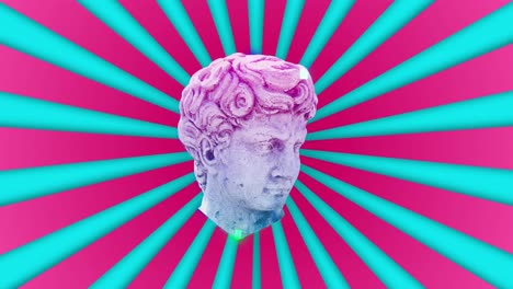 animation of head sculptures pixelating on blue stripes on pink background