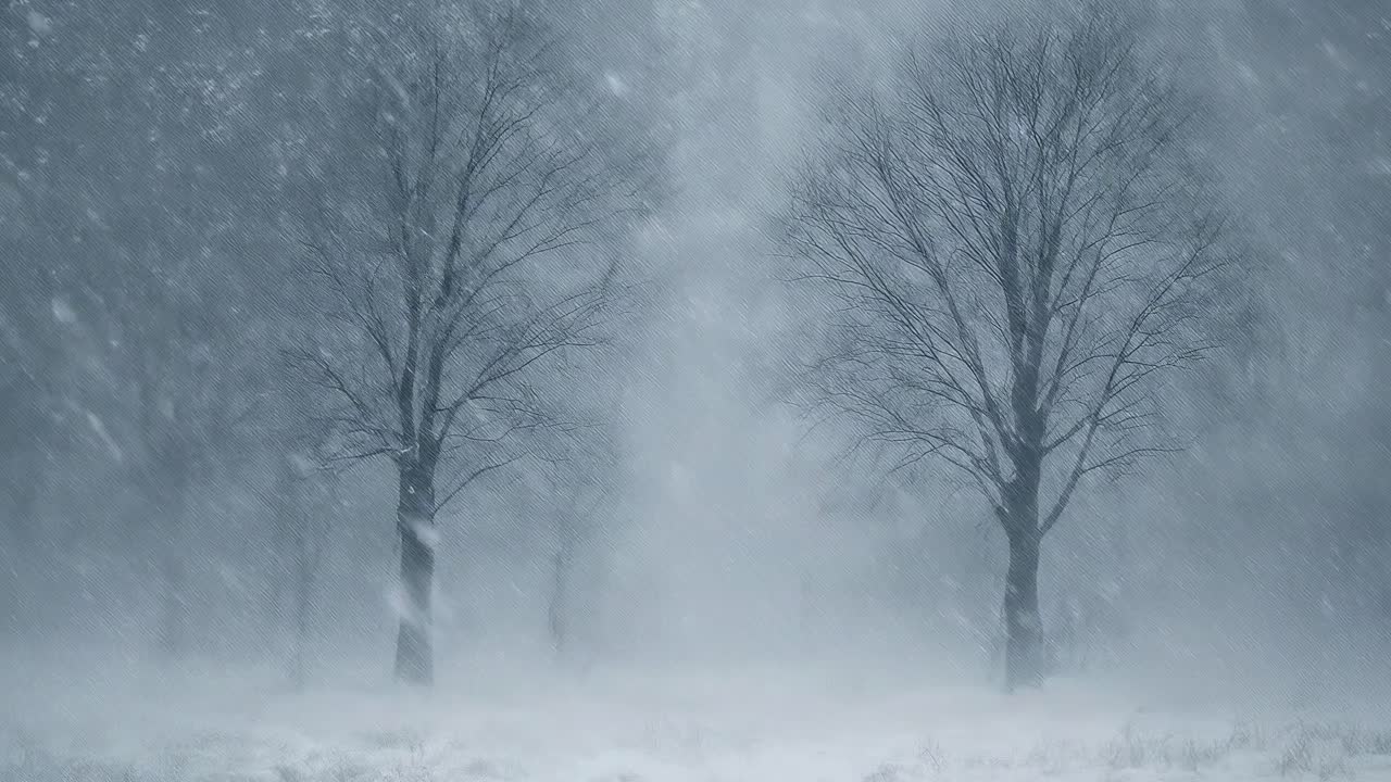 A serene winter scene with snow-covered trees. Captured at eye level, ideal for a calming video