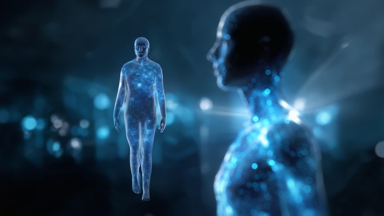 Una rappresentazione futuristica di figure umanoidi eteree circondate da un'aura blu luminosa, che mostra l'intersezione tra tecnologia e immaginazione in un paesaggio digitale.