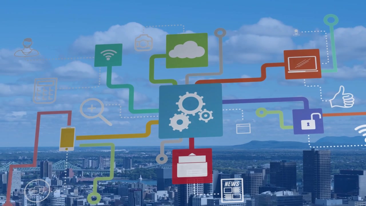 Animation of media icons over cityscape