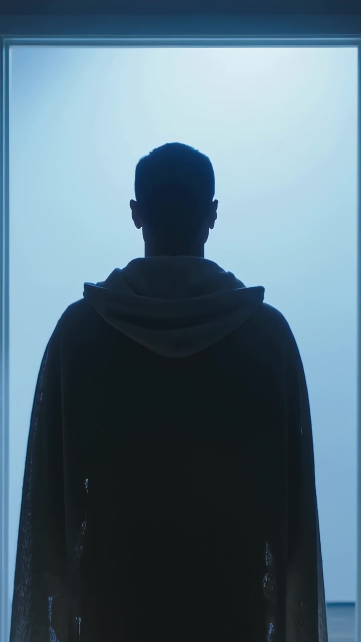 Vertical video: Standing man facing glowing light panel in room, panel drawing focus on hoodie cape