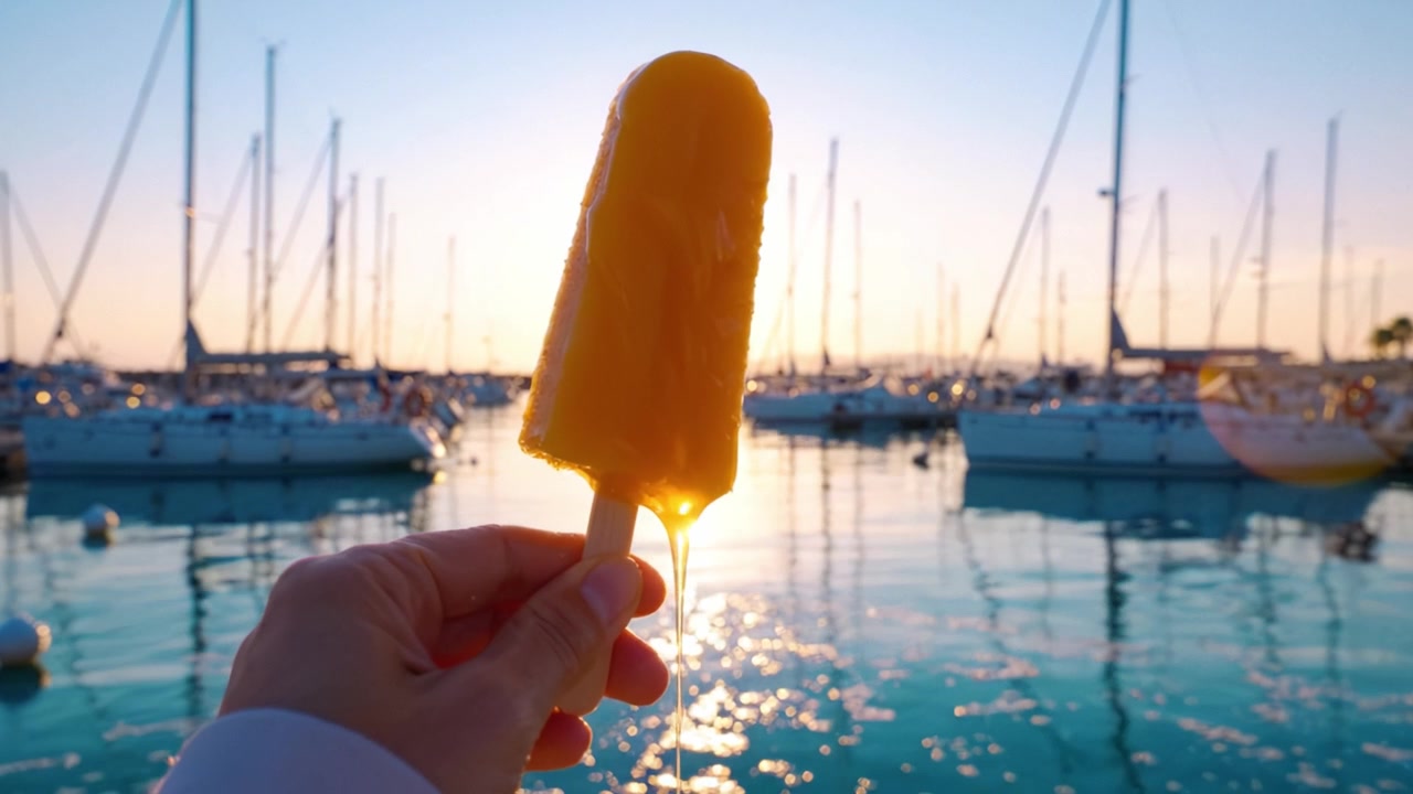 Una Piacevole Serata al Marina: Una mano che tiene un ghiacciolo giallo che si scioglie contro un tramonto suggestivo e barche a vela sullo sfondo di una superficie d'acqua tranquilla.