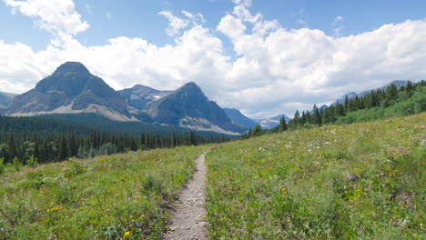 Cortar-El-Comienzo-Del-Sendero-Del-Banco-Con-La-Montaña-Del-Mal-Matrimonio-En-El-Fondo,-El-Parque-Nacional-Glacier,-Montana