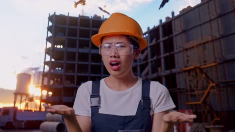 close up of wondering asian woman worker wearing goggles and safety helmet saying why and standing doubtfully at construction site