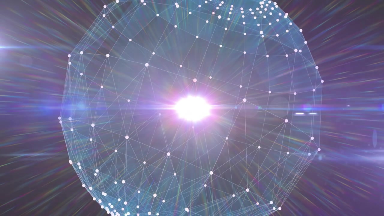 Sfera wireframe che si apre e ruota mentre il bagliore si intensifica e i raggi si irradiano per la visualizzazione della rete.