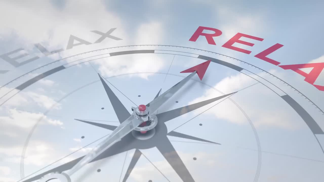 animación de la brújula con textos de relajación sobre nubes