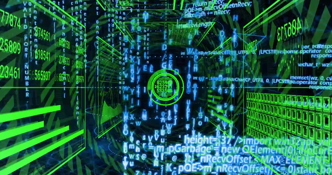 Opening inside neon grid tunnel, central circle updating digits, code streams pulsing into network