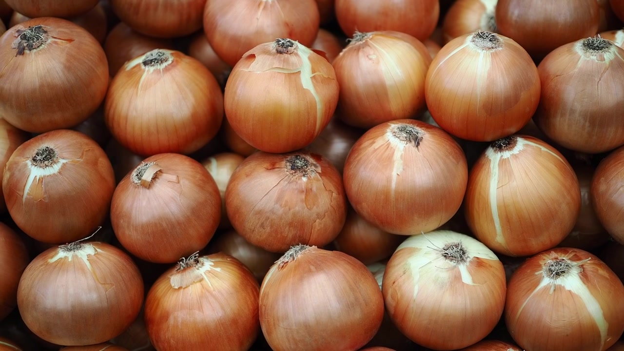 Plano detalhe de cebolas marrons frescas