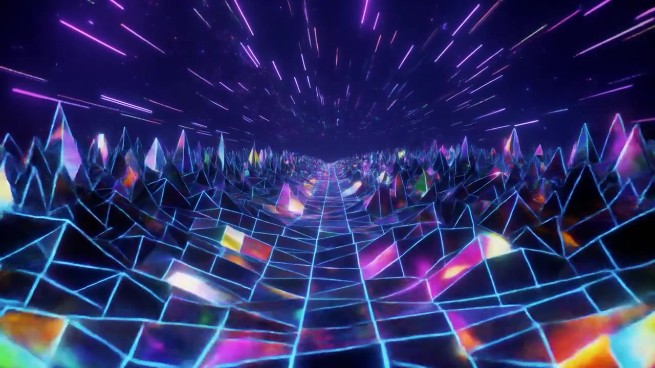 Paesaggio digitale futuristico Synthwave con scie luminose al neon brillanti