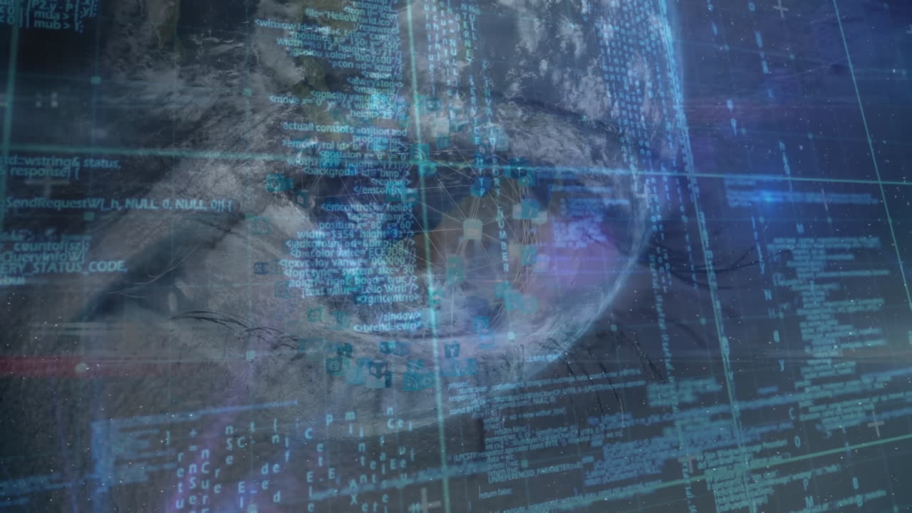 animación del procesamiento de datos y el ojo sobre el globo sobre fondo azul