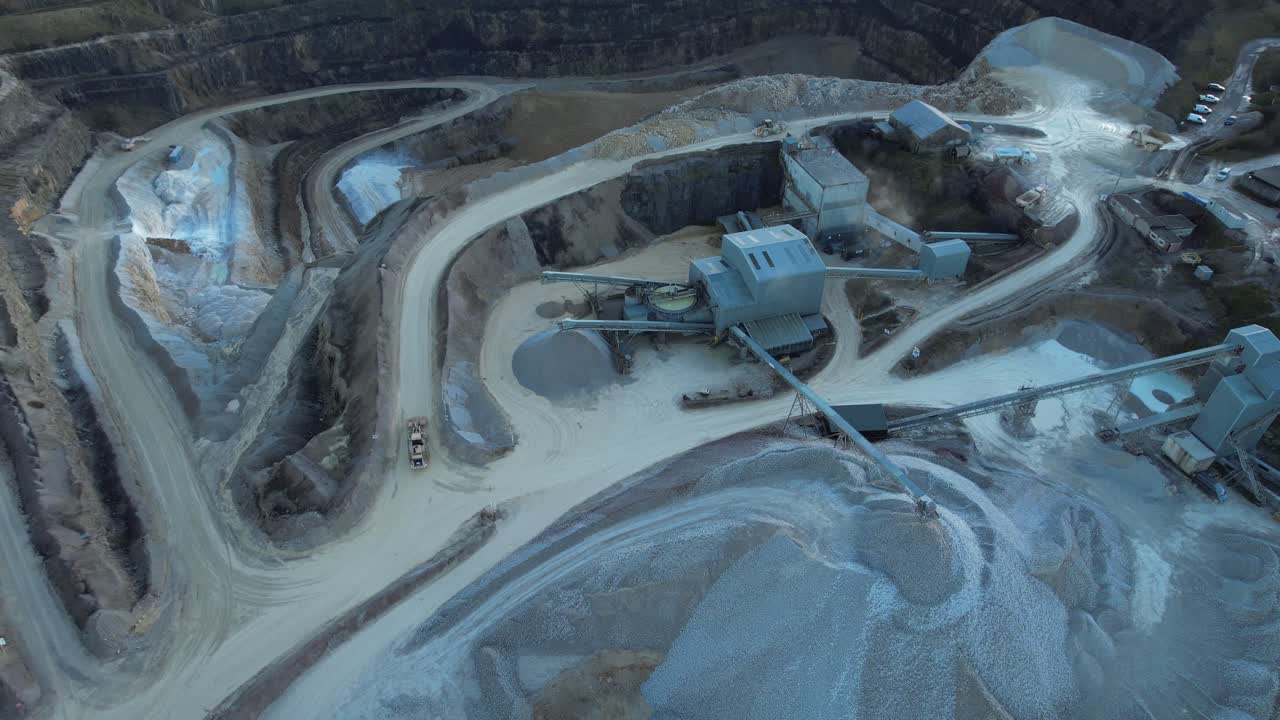 Aerial view of heavy machinery in a quarry