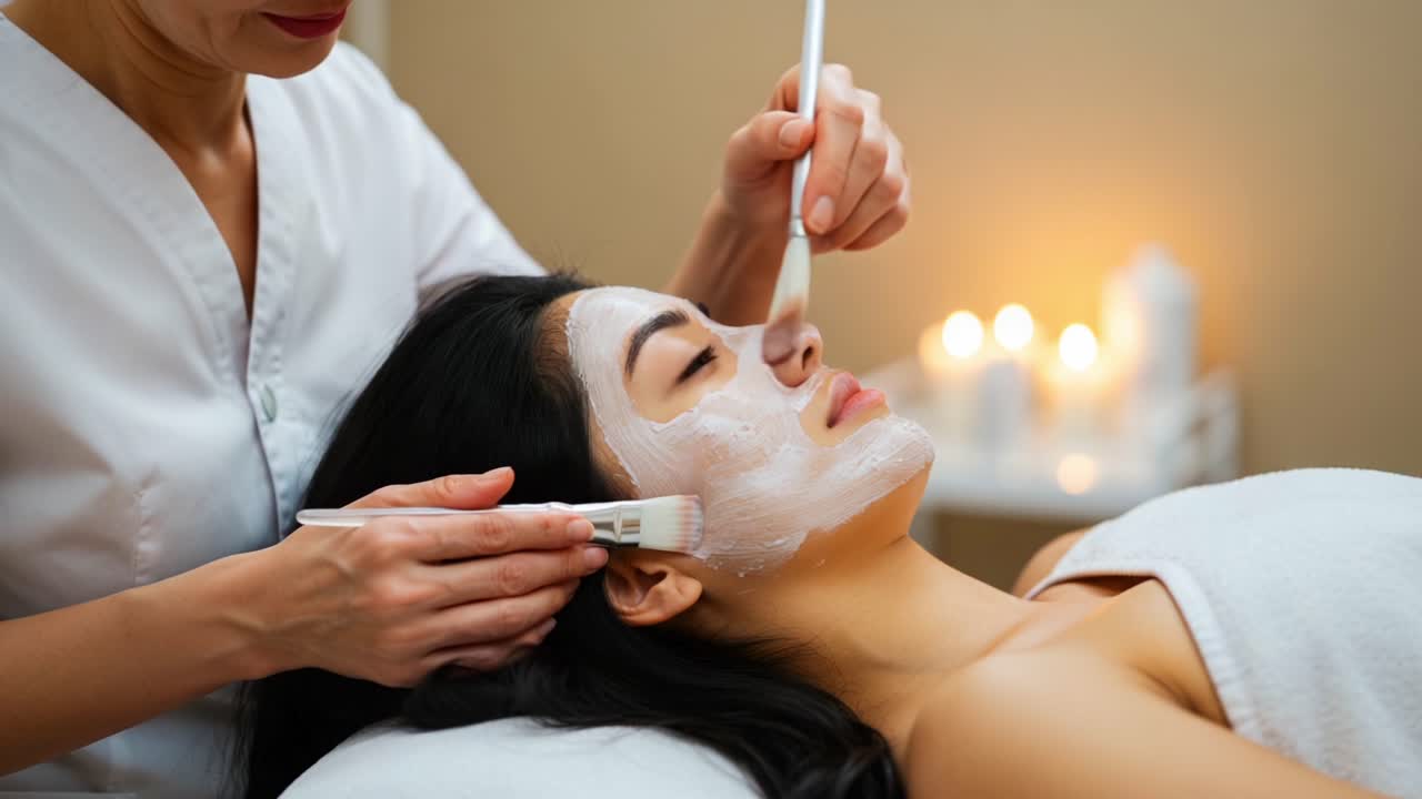 Relaxing Facial Treatment: A Professional Aesthetician Applying Soothing Mask to Client's Face in a Calm Spa Environment with Soft Lighting and Candles