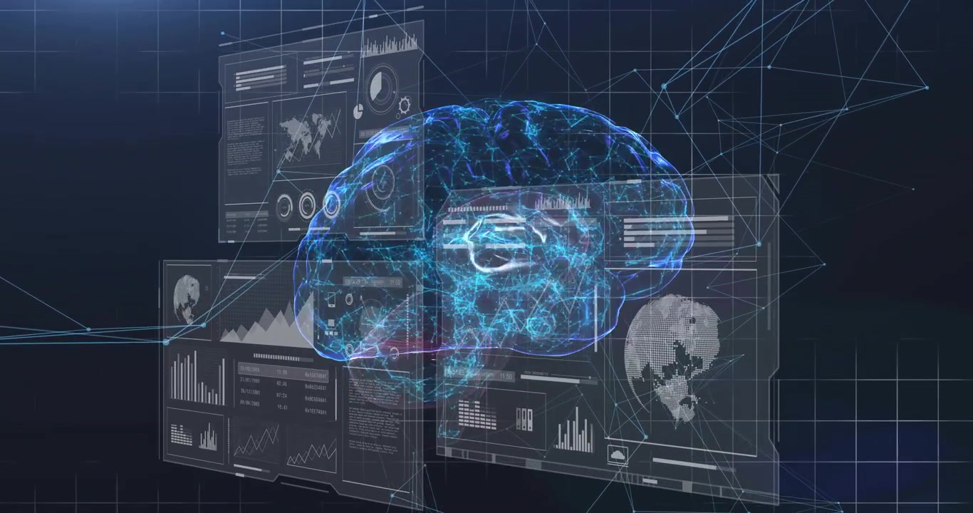 3D brain rotating on start, pulsing filaments and updating HUD charts showing tech analytics