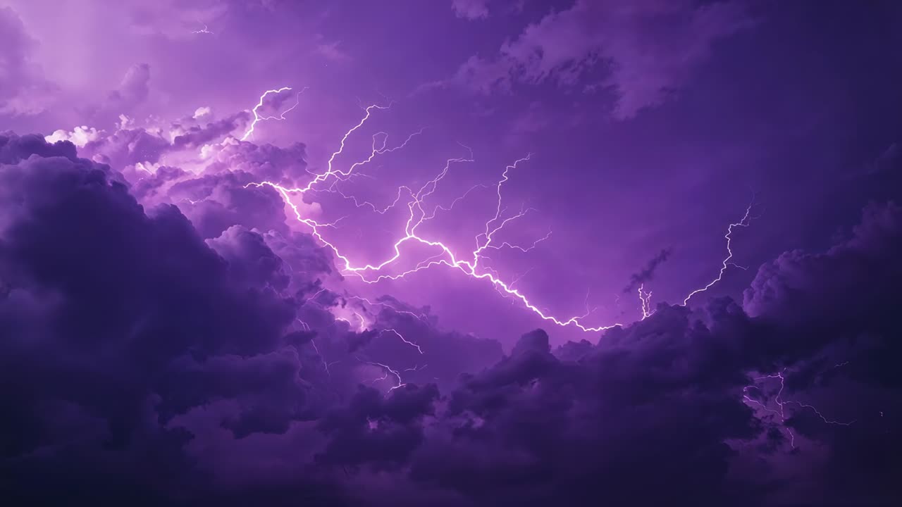 Flashing purple lightning shifting over night storm, charge sparking vertical bolt and tendrils