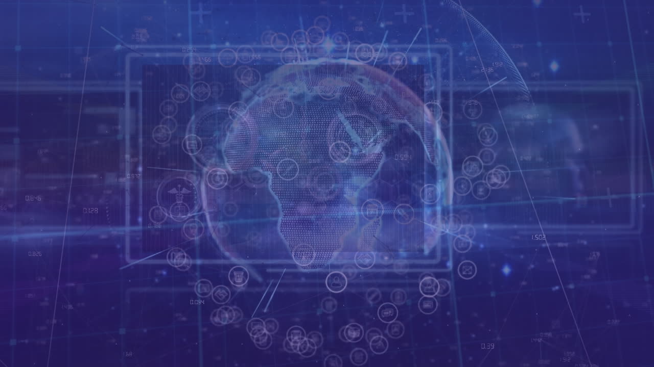 Animation of globe with icons over data processing on blue background
