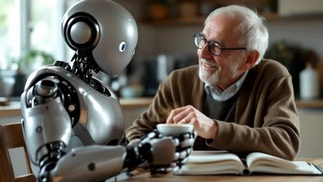 senior man stirring coffee, sitting with humanoid robot at kitchen table, sharing morning meal in contemporary living space
