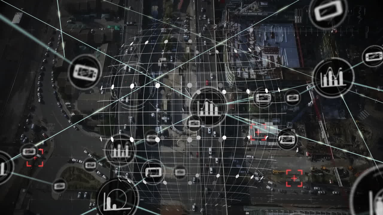 Animation of network of digital icons over spinning globe against aerial view of city traffic