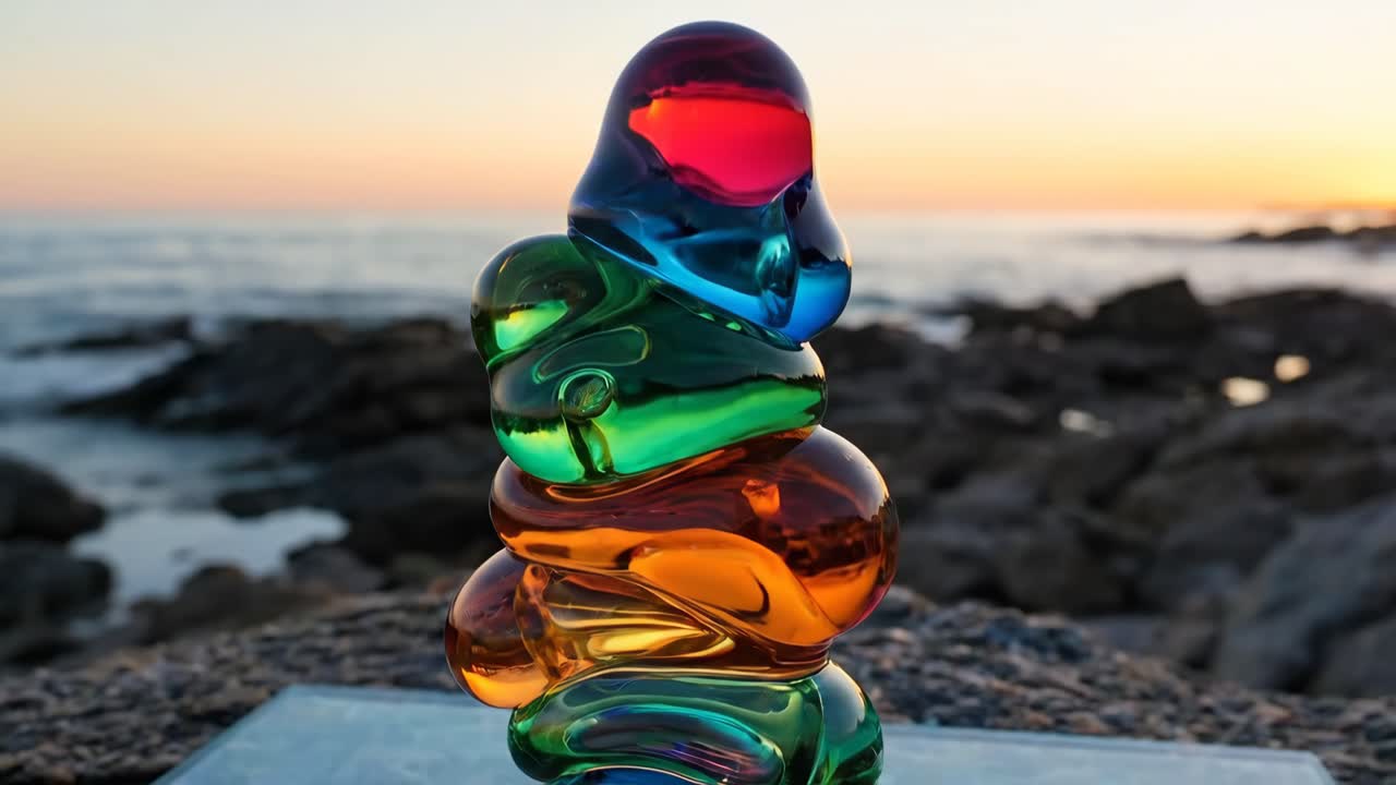 Vibrant Abstract Glass Sculpture Reflecting Sunset Colors by the Ocean