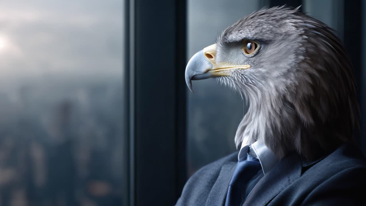 A striking image of a majestic eagle dressed in a formal suit, gazing thoughtfully out of a high-rise window, symbolizing power and leadership in a corporate world