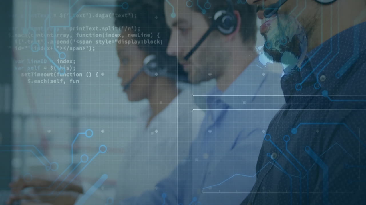 Customer service team working with digital network connections overlay animation