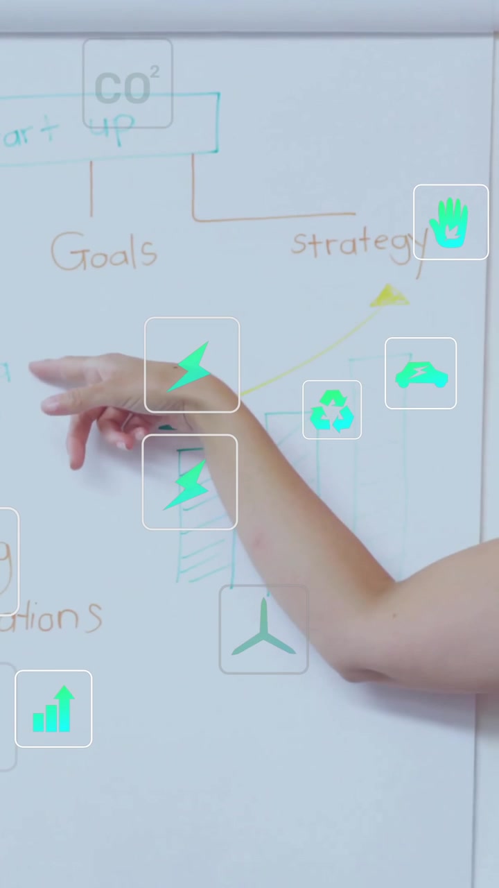 Animation of ecology icons over diverse colleagues at meeting in office