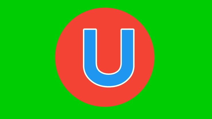 Animazione grafica in movimento della lettera maiuscola U blu dell'alfabeto su schermo verde per elementi video.