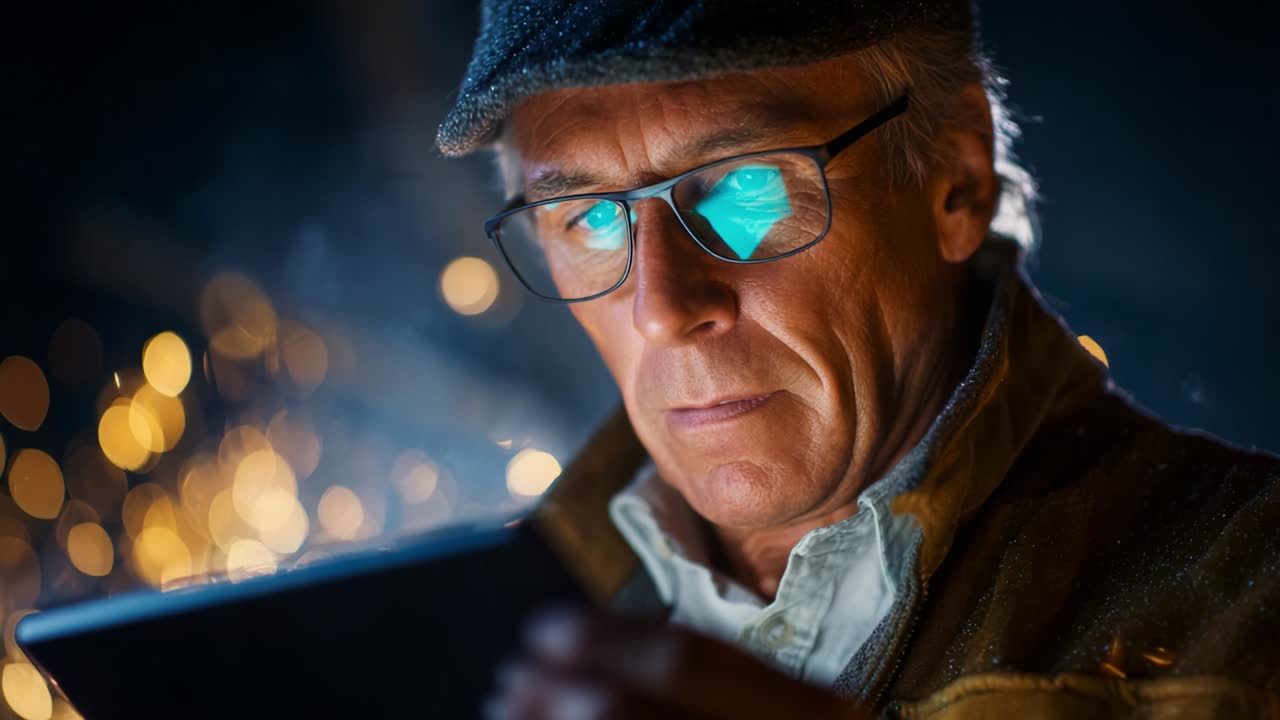 A focused older man in glasses intently engages with a digital tablet, illuminated by a warm background of sparkling lights, showcasing a blend of technology and contemplation in a serene moment