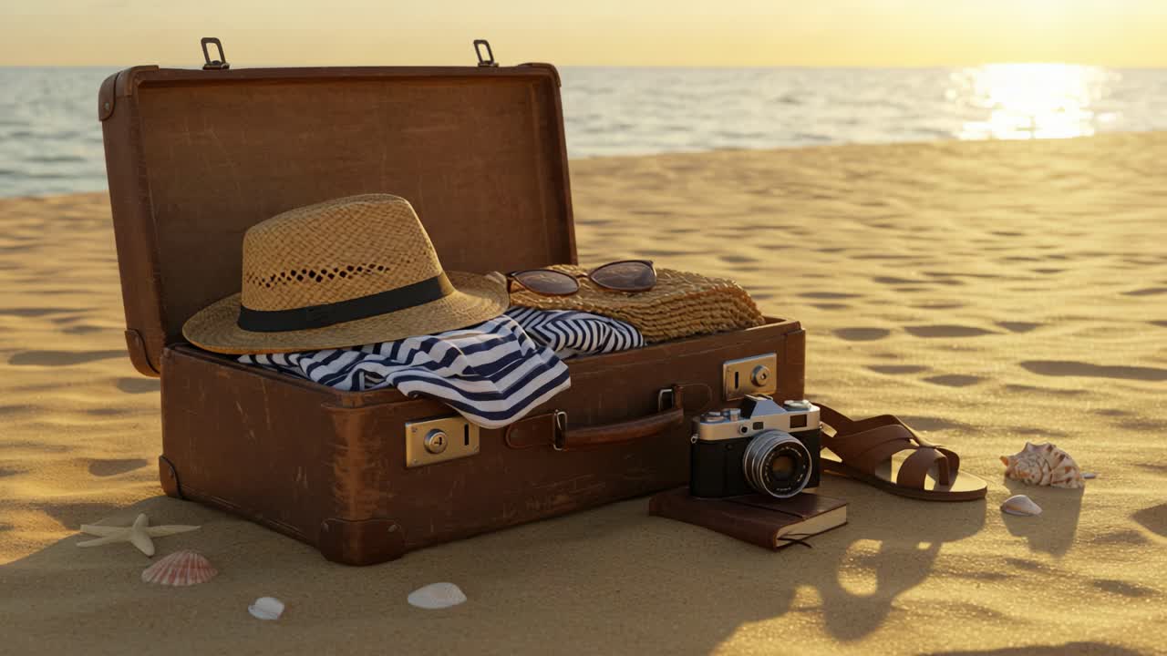 A Vintage Suitcase Filled with Travel Essentials Like Sunglasses and a Camera, Resting on a Serene Beach at Sunset, Perfect for a Relaxing Getaway