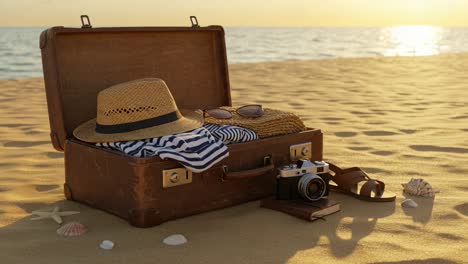 a vintage suitcase filled with travel essentials like sunglasses and a camera, resting on a serene beach at sunset, perfect for a relaxing getaway