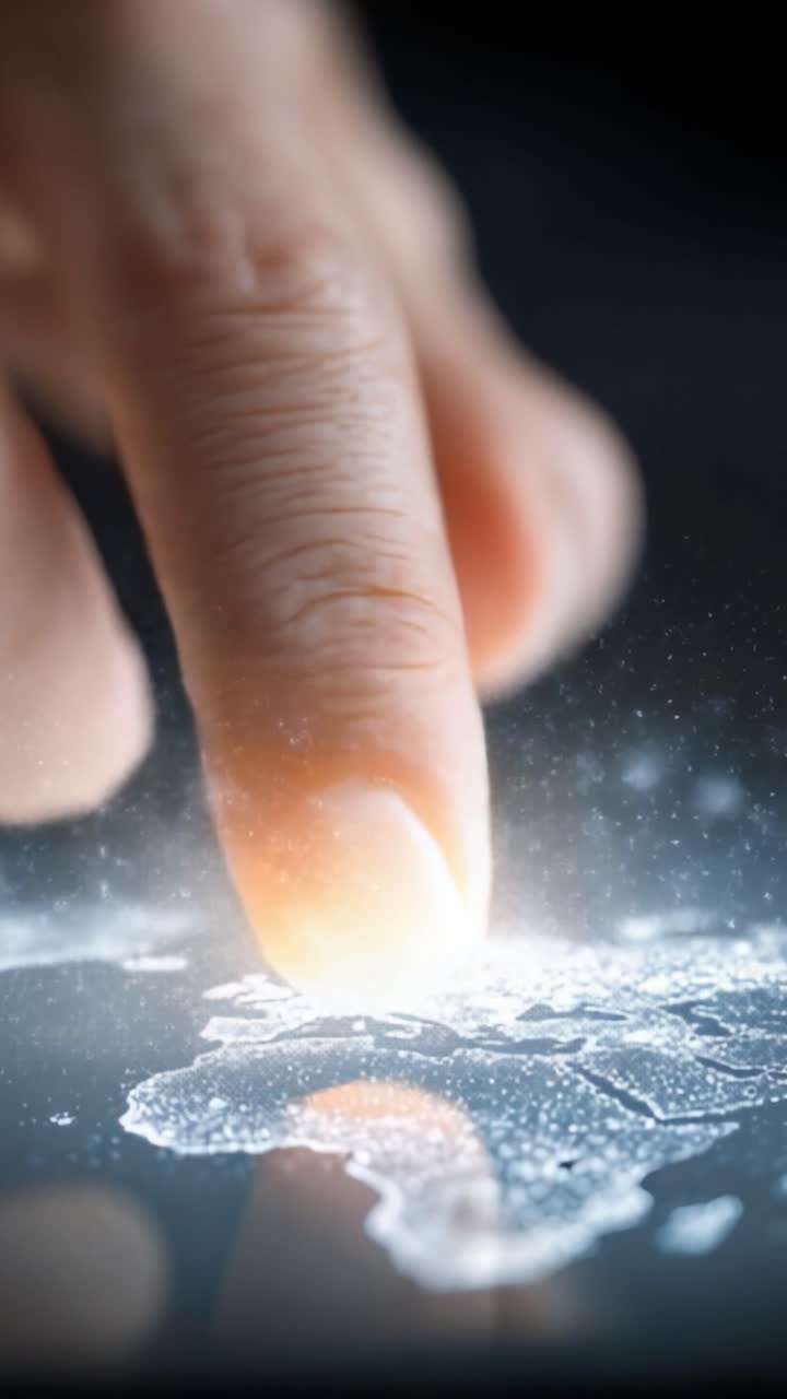 A Close-Up View of a Finger Touching a Sparkling Map, Signifying Exploration and Connection to Geographic Regions Through Digital Interaction