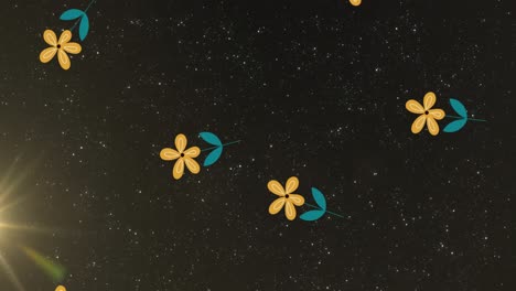 Animation-Von-Blumen-über-Dem-Nachthimmel-Mit-Lichtern