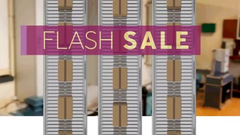 animation of flash sale text over cardboard boxes on conveyor belts