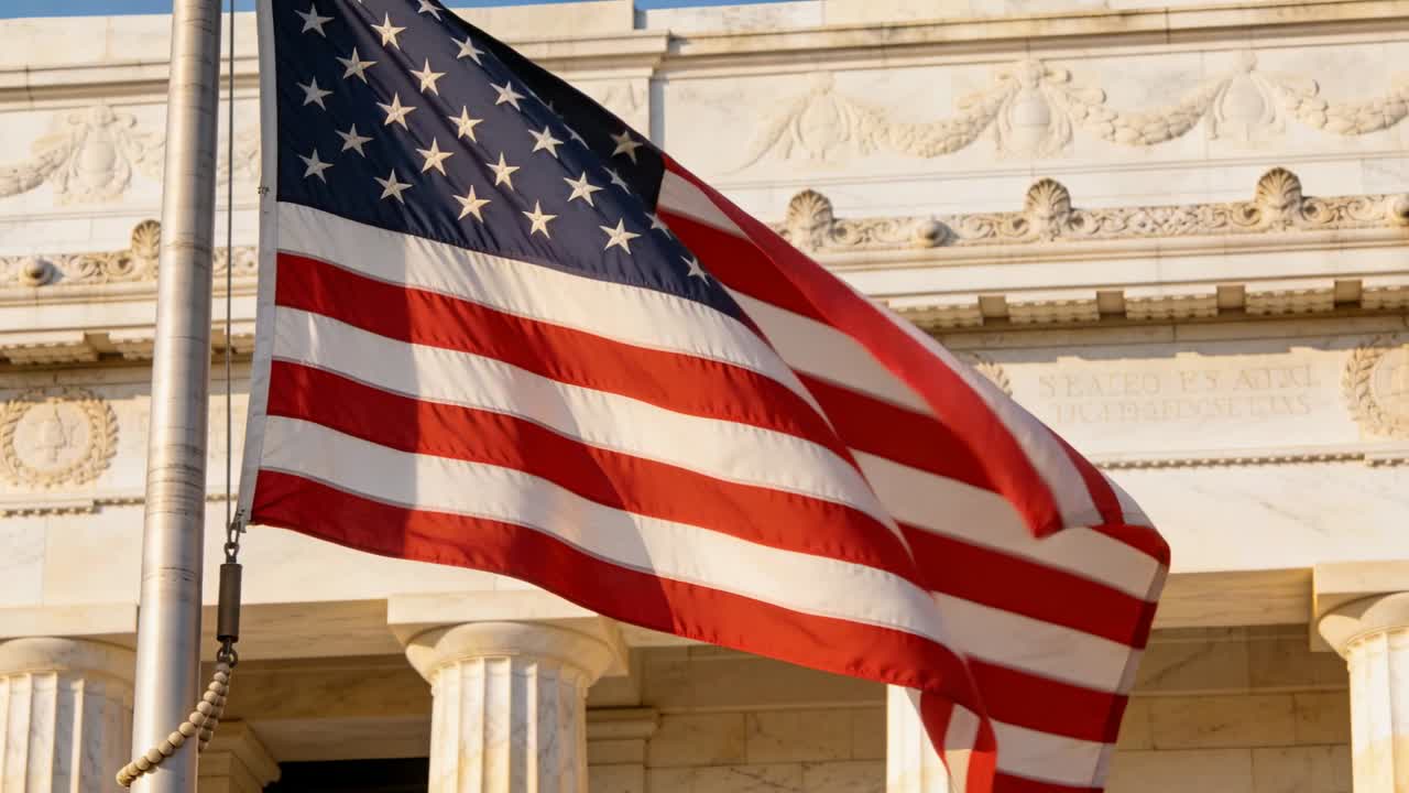 Bandiera americana che sventola mossa da raffiche di vento all'esterno di un edificio classico in pietra, con la corda dell'asta