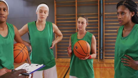 diverse female basketball team and coach discussing game tactics