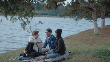 group of young people resting in the park and talking
