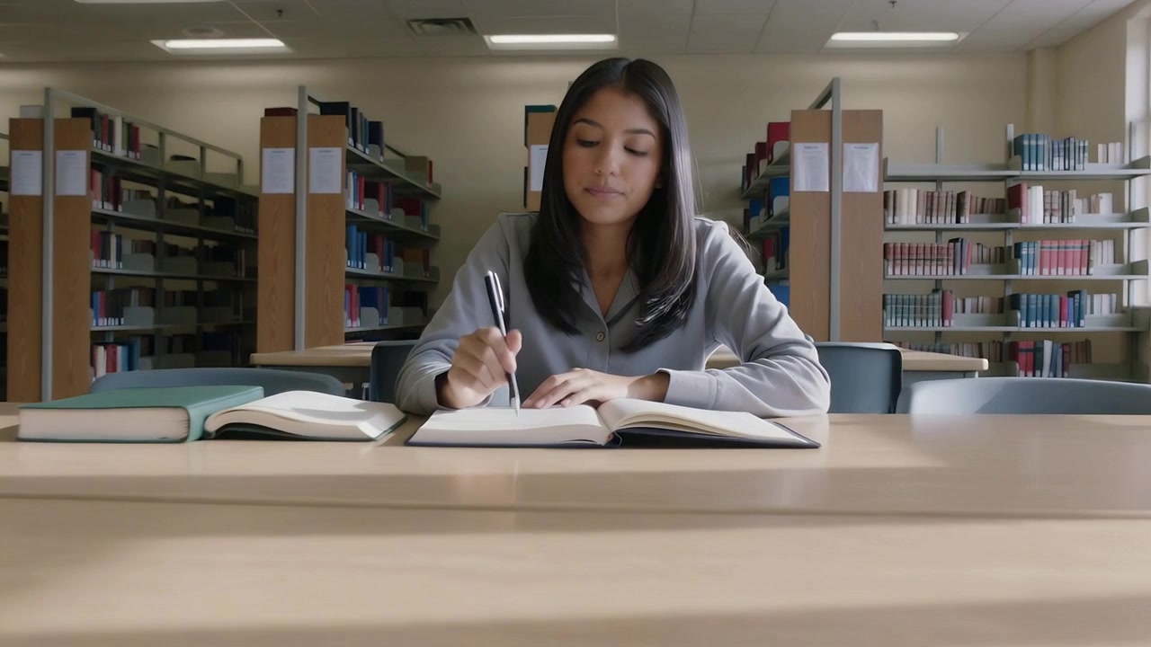 Camera moving closer student wearing gray pullover studying, noting at library table with books