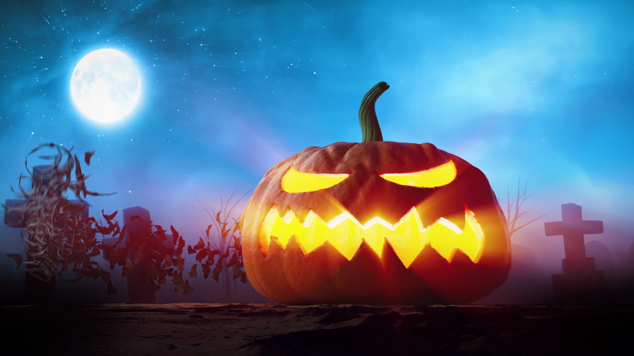 Spooky Jack-o'-Lantern in Graveyard with Flying Bats and Full Moon