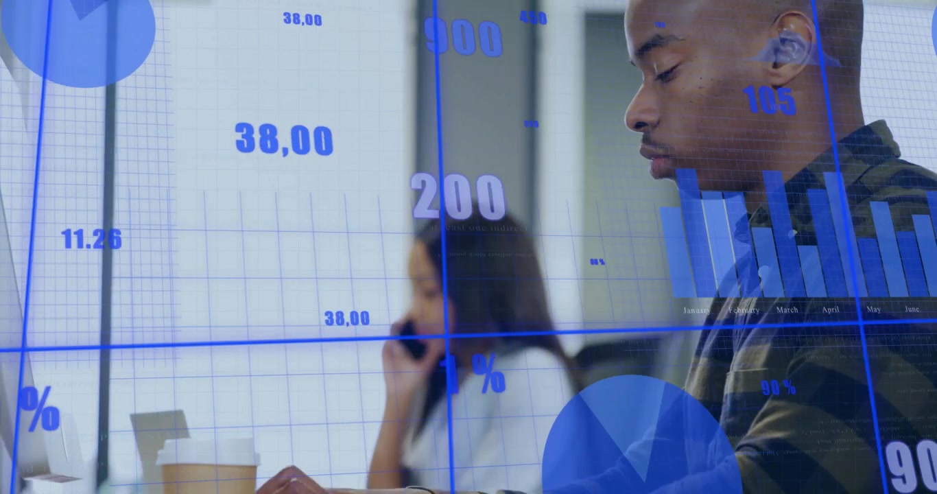 Colleagues analyzing finance data in office, with animated pie charts smartphone icons percentages