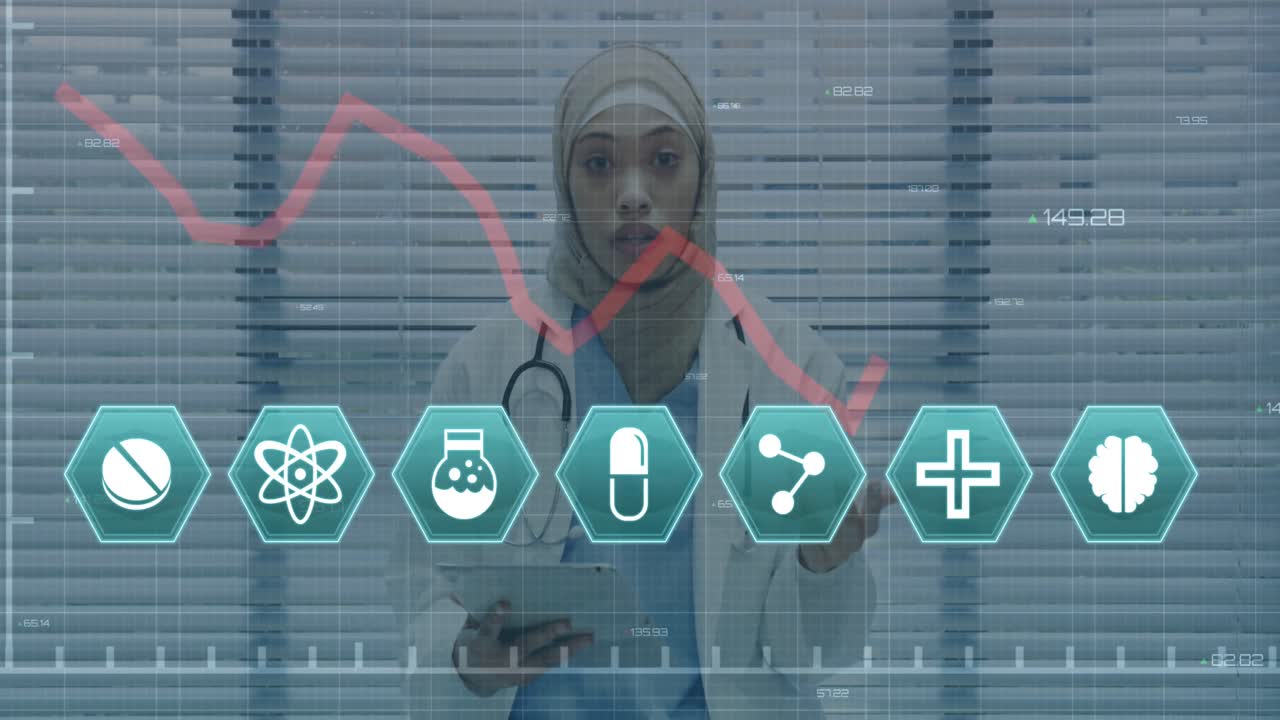 Icônes médicales multiples sur fond de femme médecin portant un hijab, parlant et regardant la caméra.