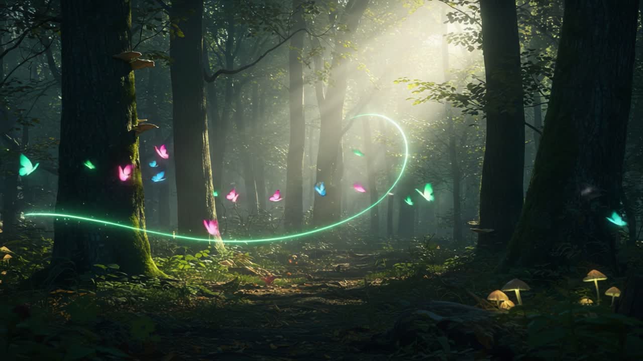 Enchanted Forest with Colorful Butterflies and Ethereal Light: A Captivating Journey Through Nature's Mystical Beauty